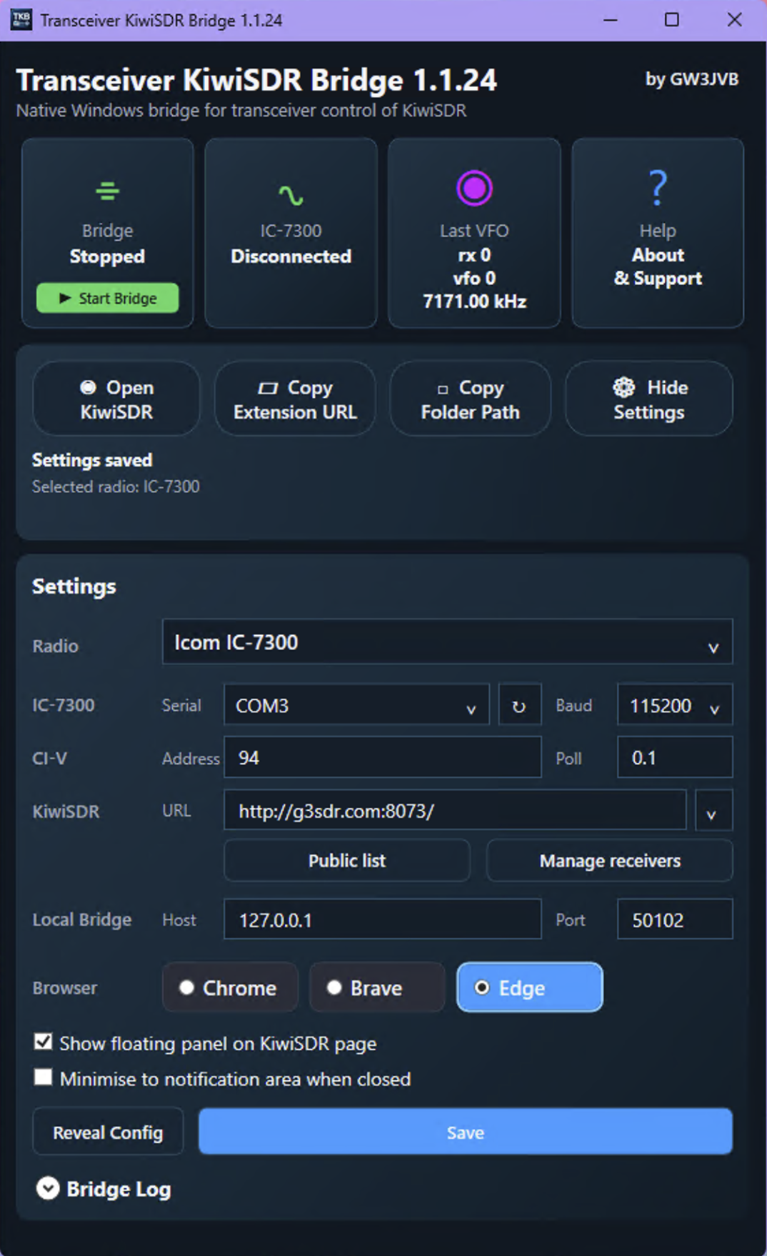 Transceiver KiwiSDR Bridge app screenshot