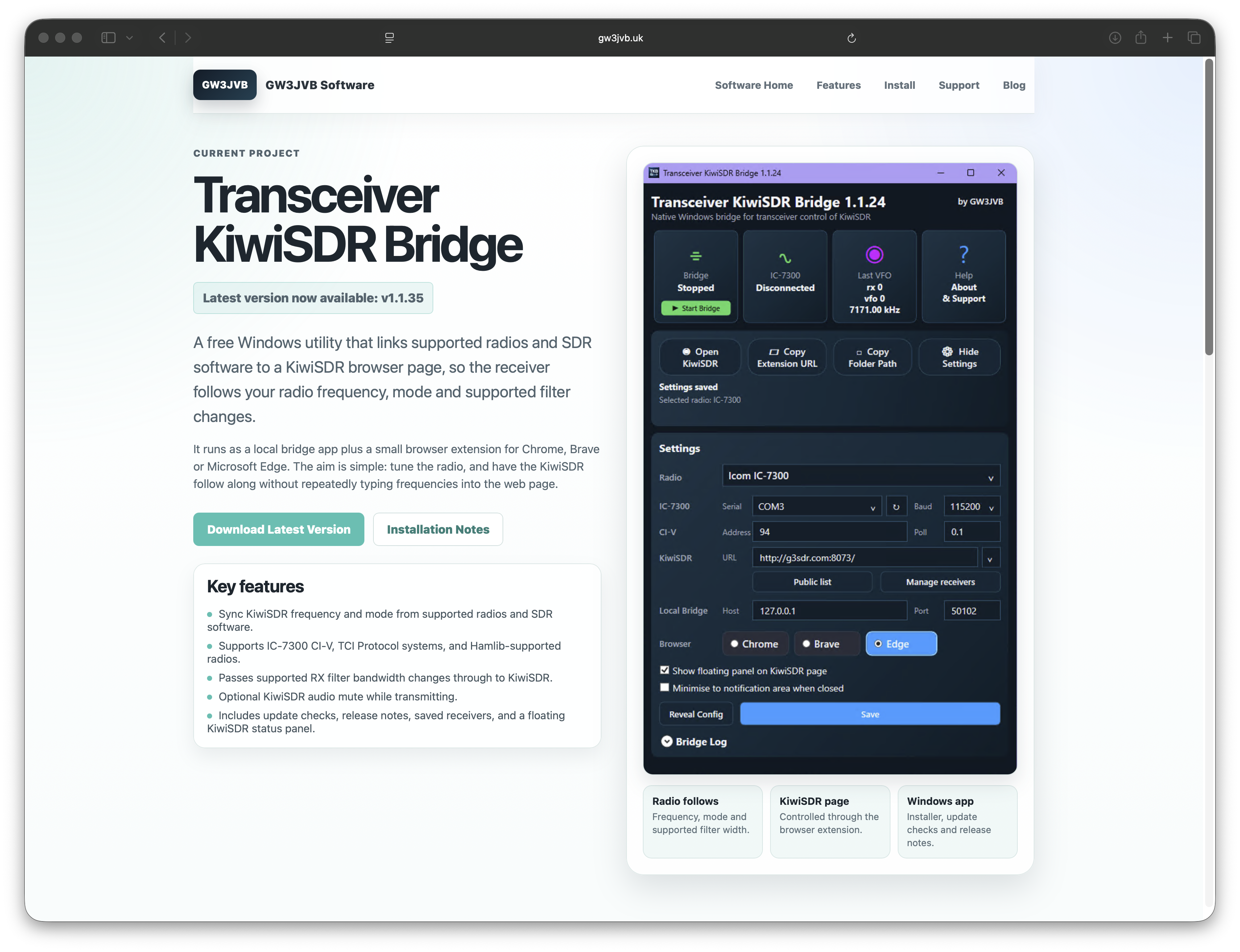 Download Latest Version button on the Transceiver KiwiSDR Bridge page