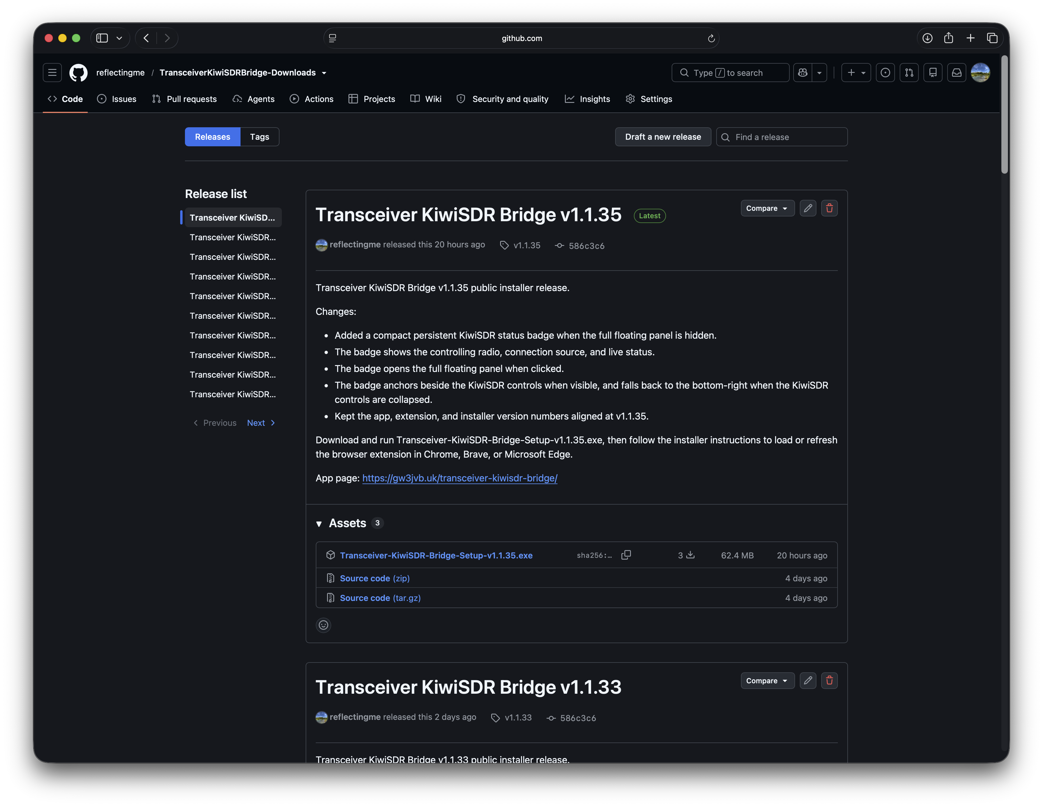 GitHub release page showing the installer download