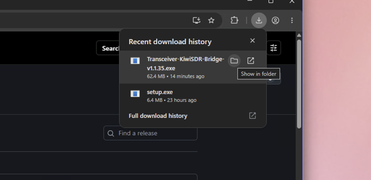 Browser downloads menu showing the option to reveal the downloaded installer