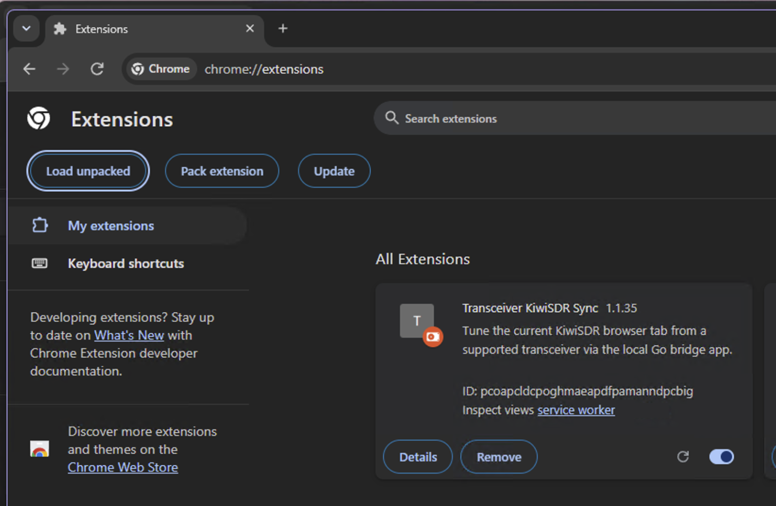 Transceiver KiwiSDR Bridge extension loaded in the browser