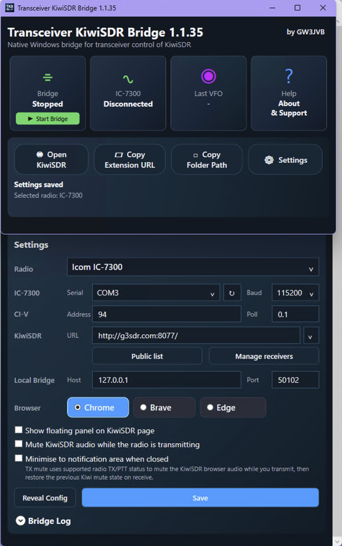 Bridge app open after install with IC-7300 selected