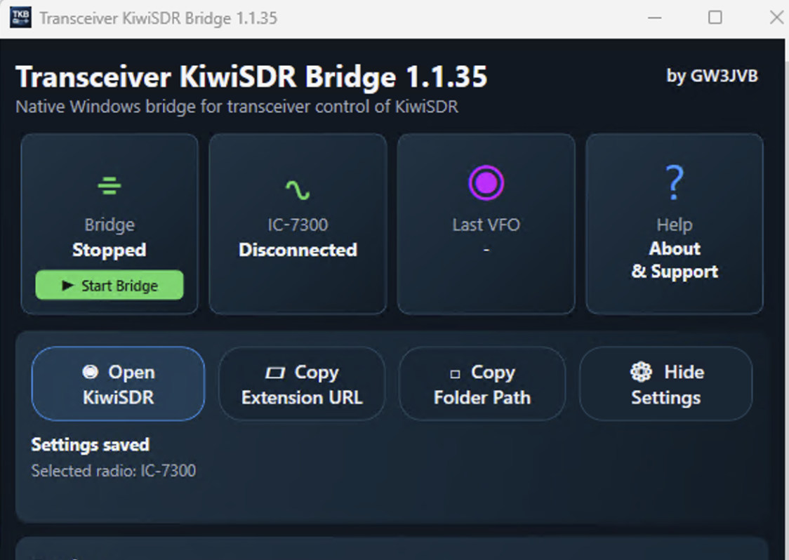 Bridge app buttons for opening KiwiSDR and starting the bridge