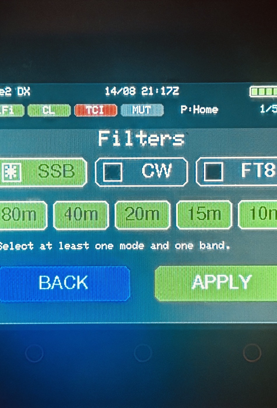 M5Core2 DX Cluster settings view on the device
