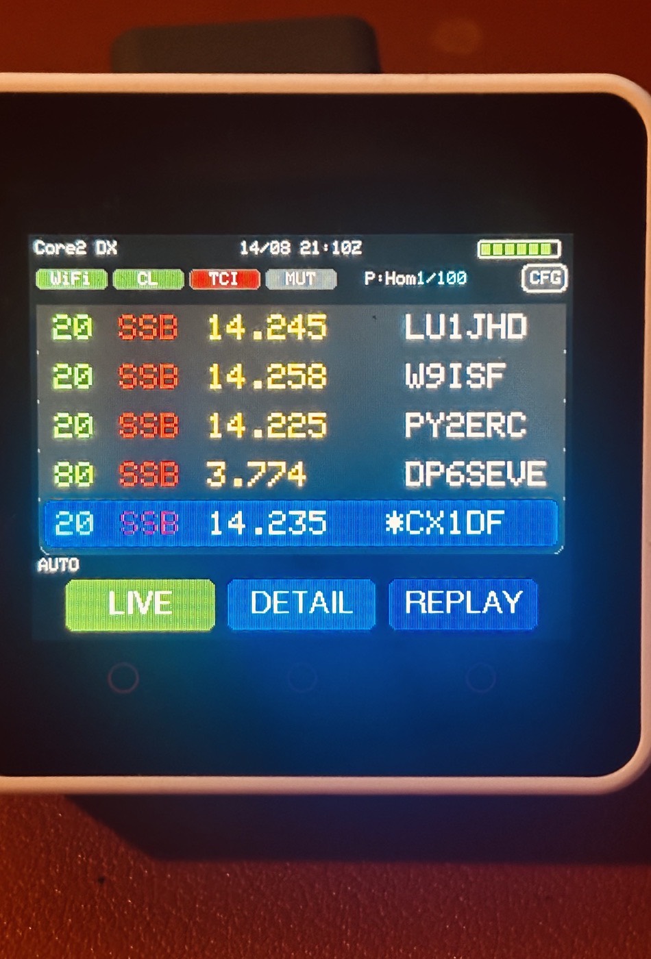 M5Core2 DX Cluster showing a live spot list