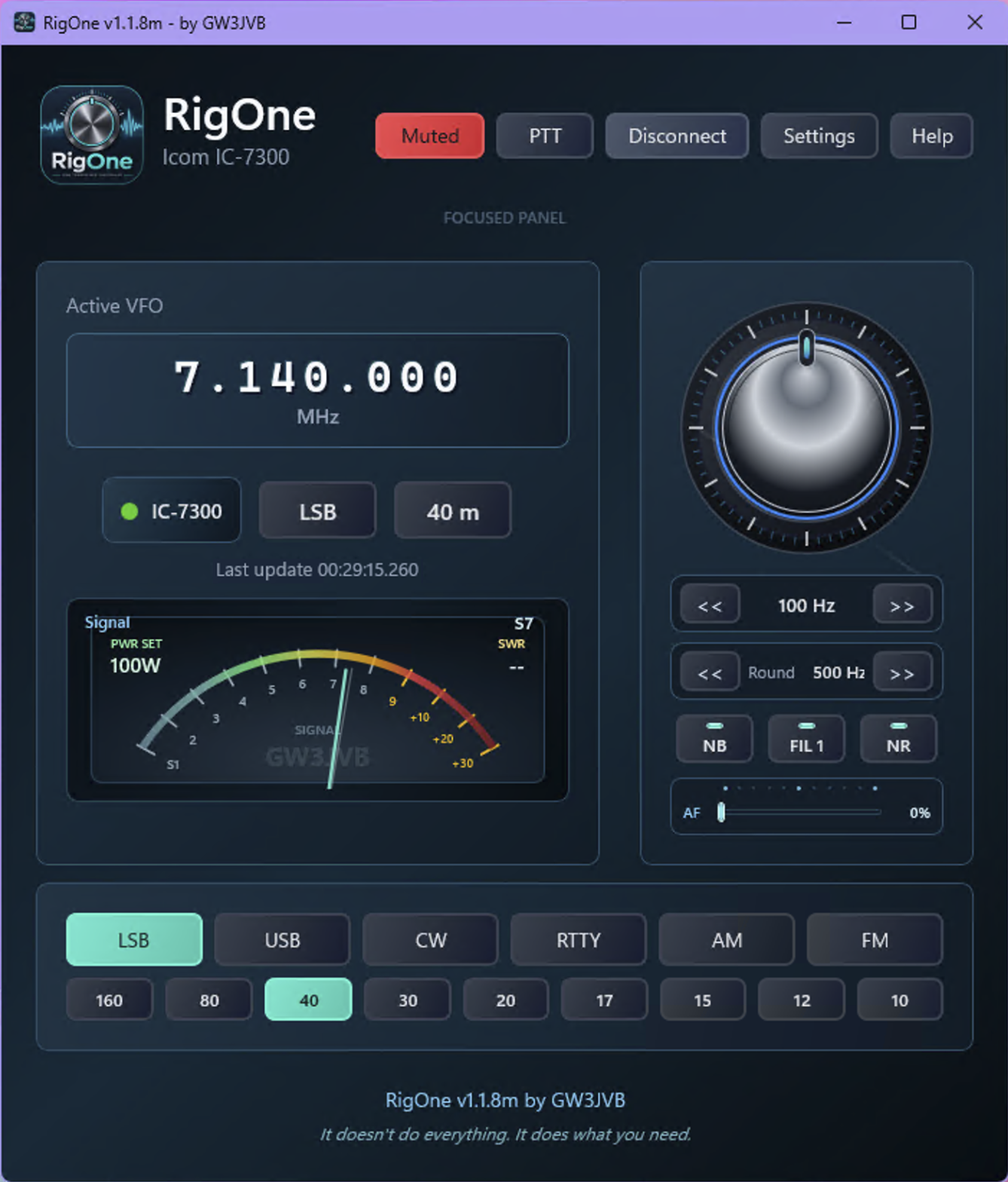 RigOne Focused panel layout with VFO controls, analog signal meter and waterfall