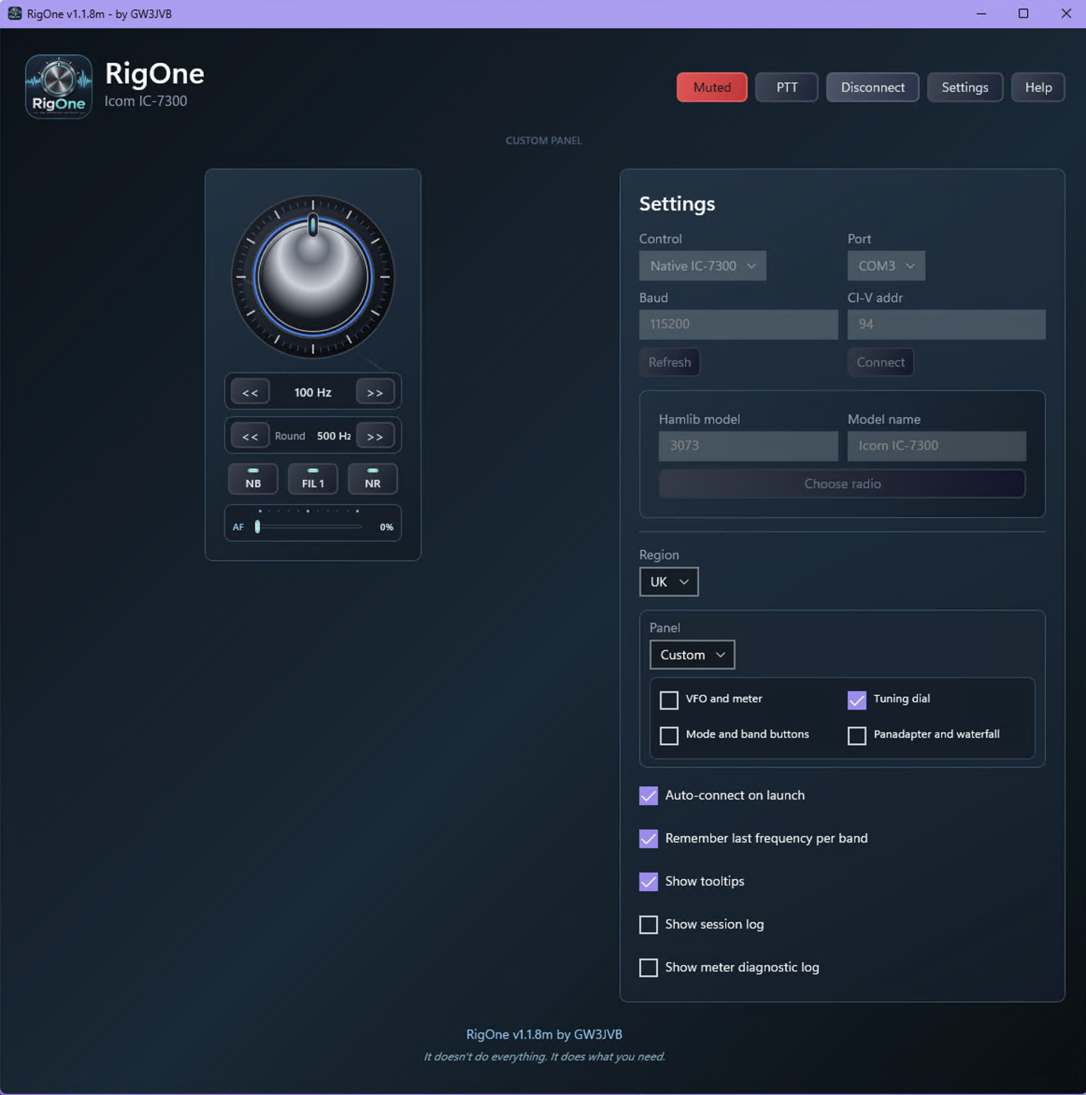 RigOne settings panel with CI-V address and panel layout options
