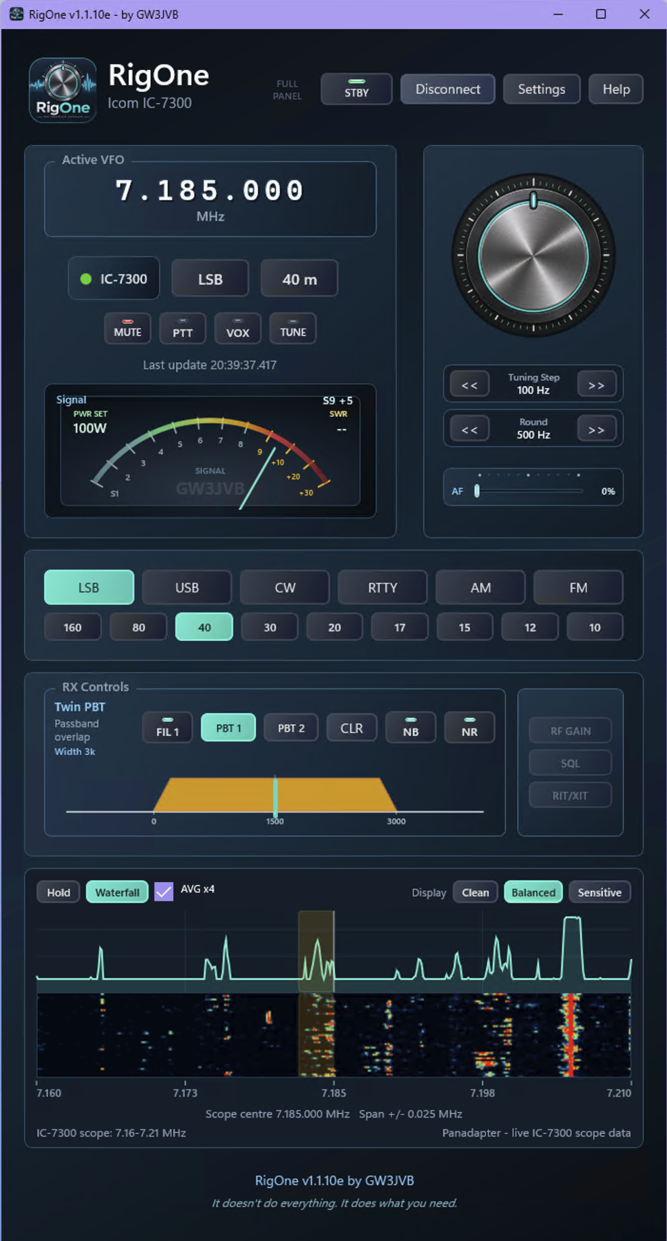 RigOne v1.1.10 full panel with RX Controls, analog signal meter and live IC-7300 waterfall