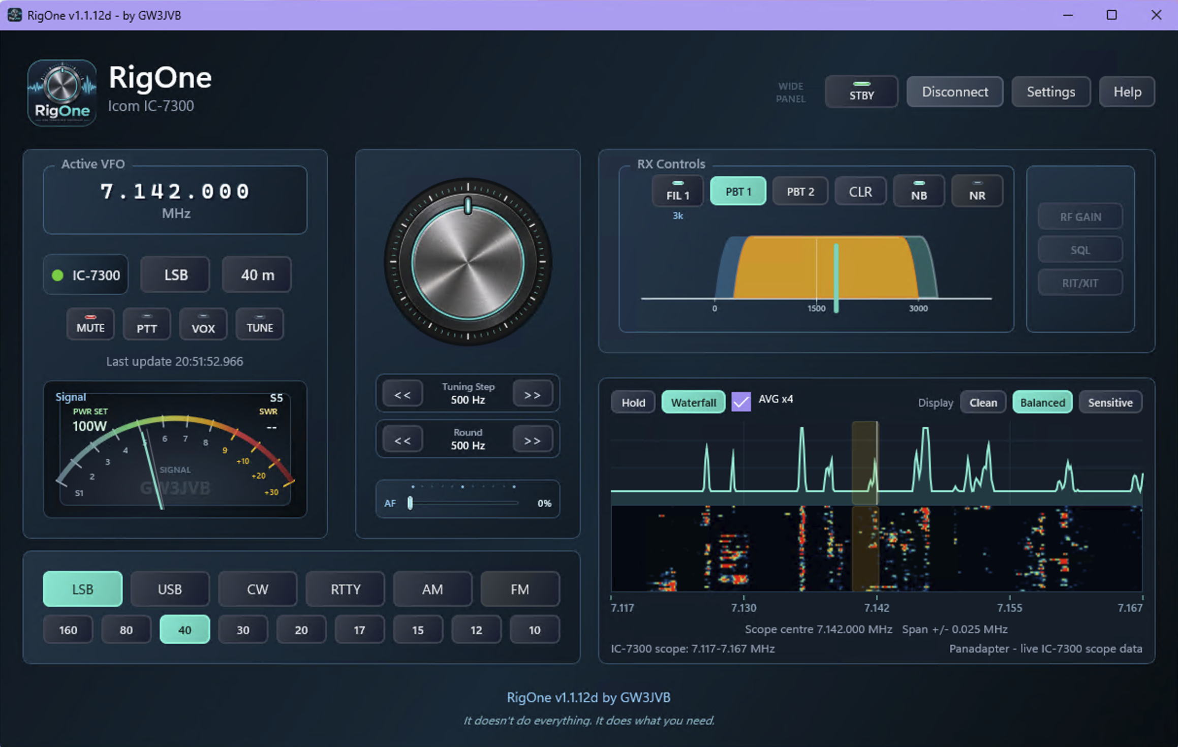 RigOne Wide panel layout with RX Controls and live IC-7300 waterfall