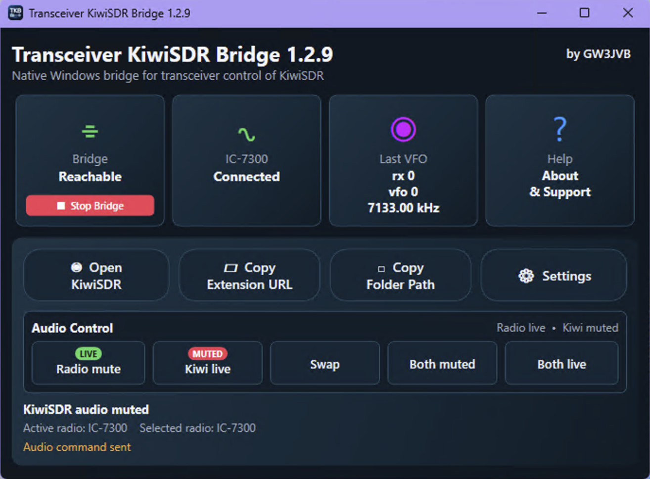 Transceiver KiwiSDR Bridge showing the Audio Control panel